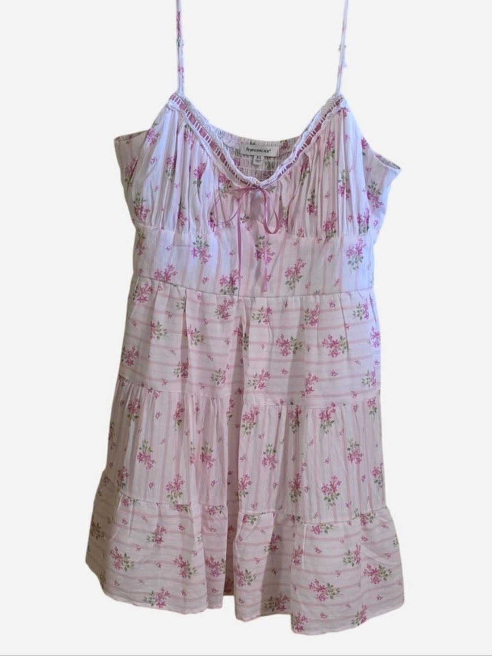 Francesca's Pink Floral Spaghetti Strap Mini Dress Bow Detail, Fairycore, Pretty